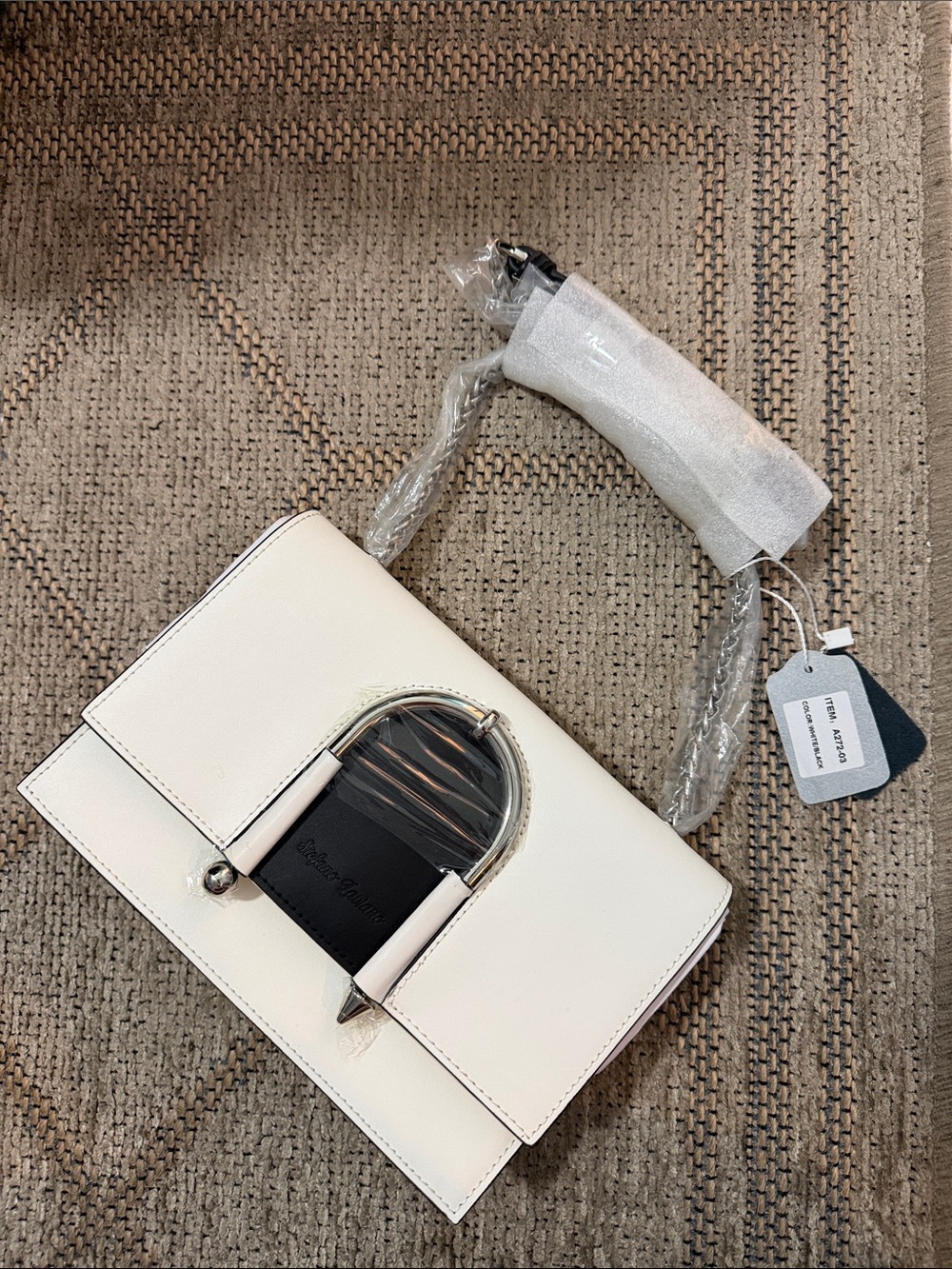Small Cream Leather Top-Handle Satchel with Silver Arch Accent